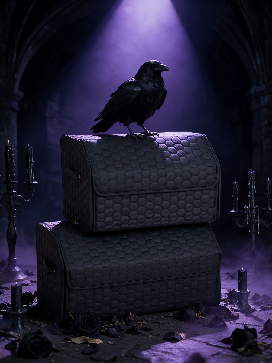 Black Hexy trunk organizer set stacked with black candles and a raven