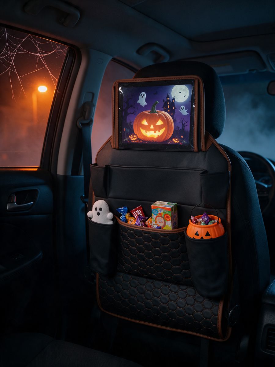 Hexy back-of-seat organizer in a dark car with a glowing tablet and Halloween candy