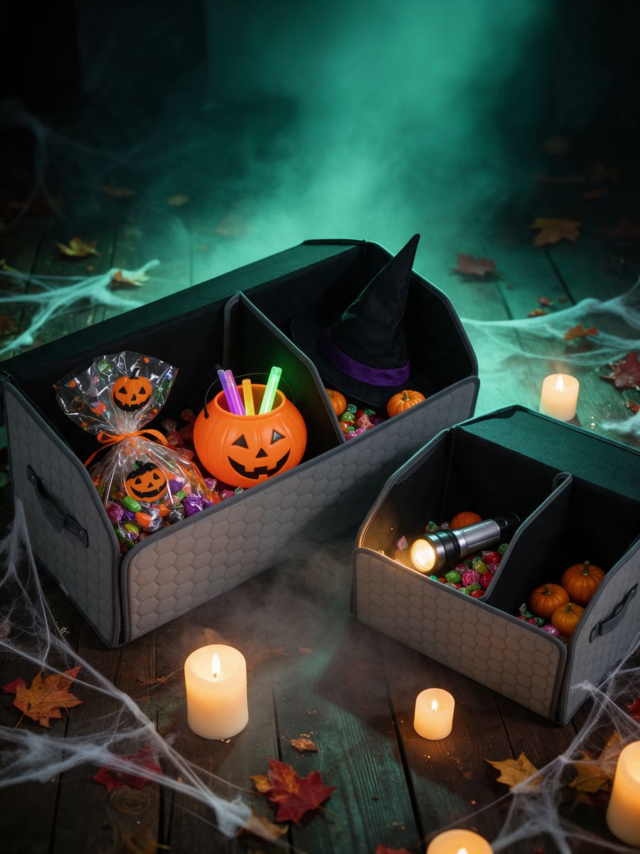 Gray Hexy trunk organizer set filled with Halloween candy and glow sticks