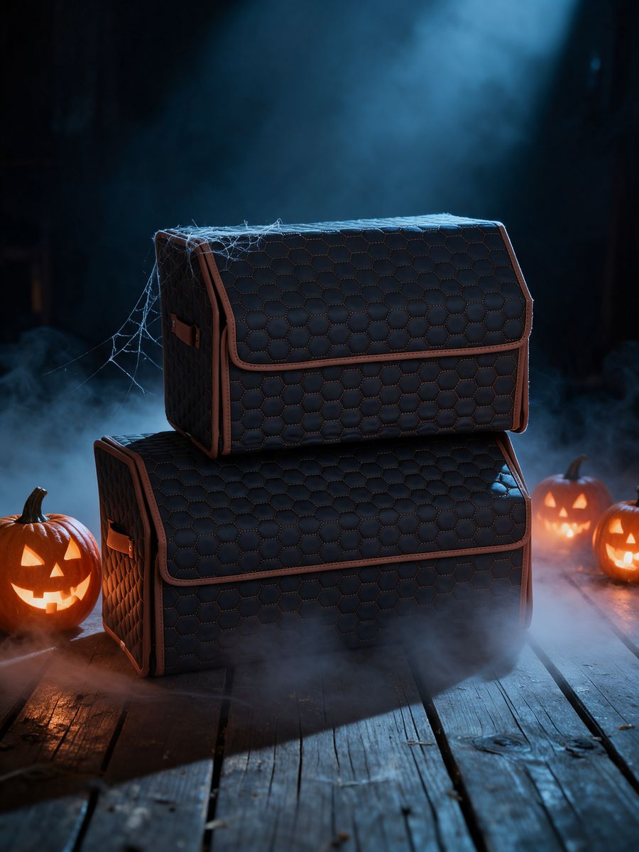Hexy trunk organizer set, 17.7 and 21.6 inch, stacked among glowing jack-o'-lanterns and fog