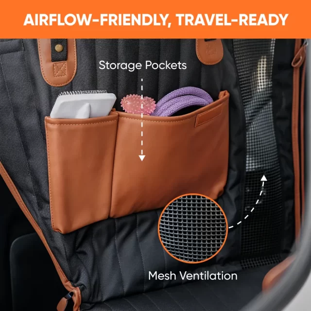 Close-up of the two eco-leather storage pockets and mesh ventilation
