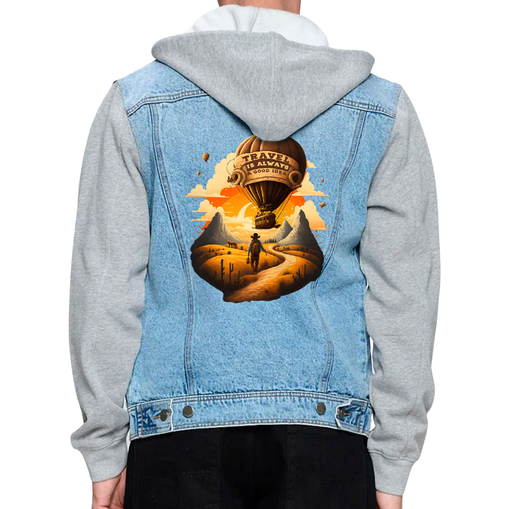 Men’s Denim Jacket with Fleece Hoodie – “Travel is a Good Idea” – Balloon Print – Blue & Gray