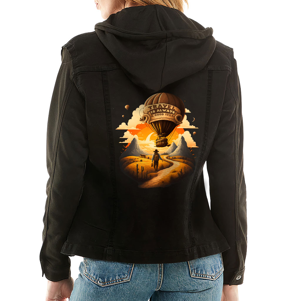 Ladies Denim Jacket with Fleece Hoodie – “Travel is a Good Idea” – Balloon Print – Black Denim