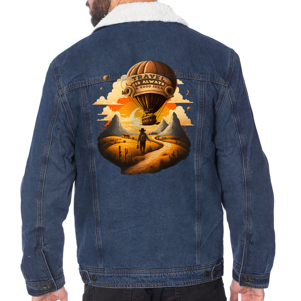 Men’s Sherpa-Lined Denim Jacket – “Travel is a Good Idea” – Balloon Print – Dark Blue