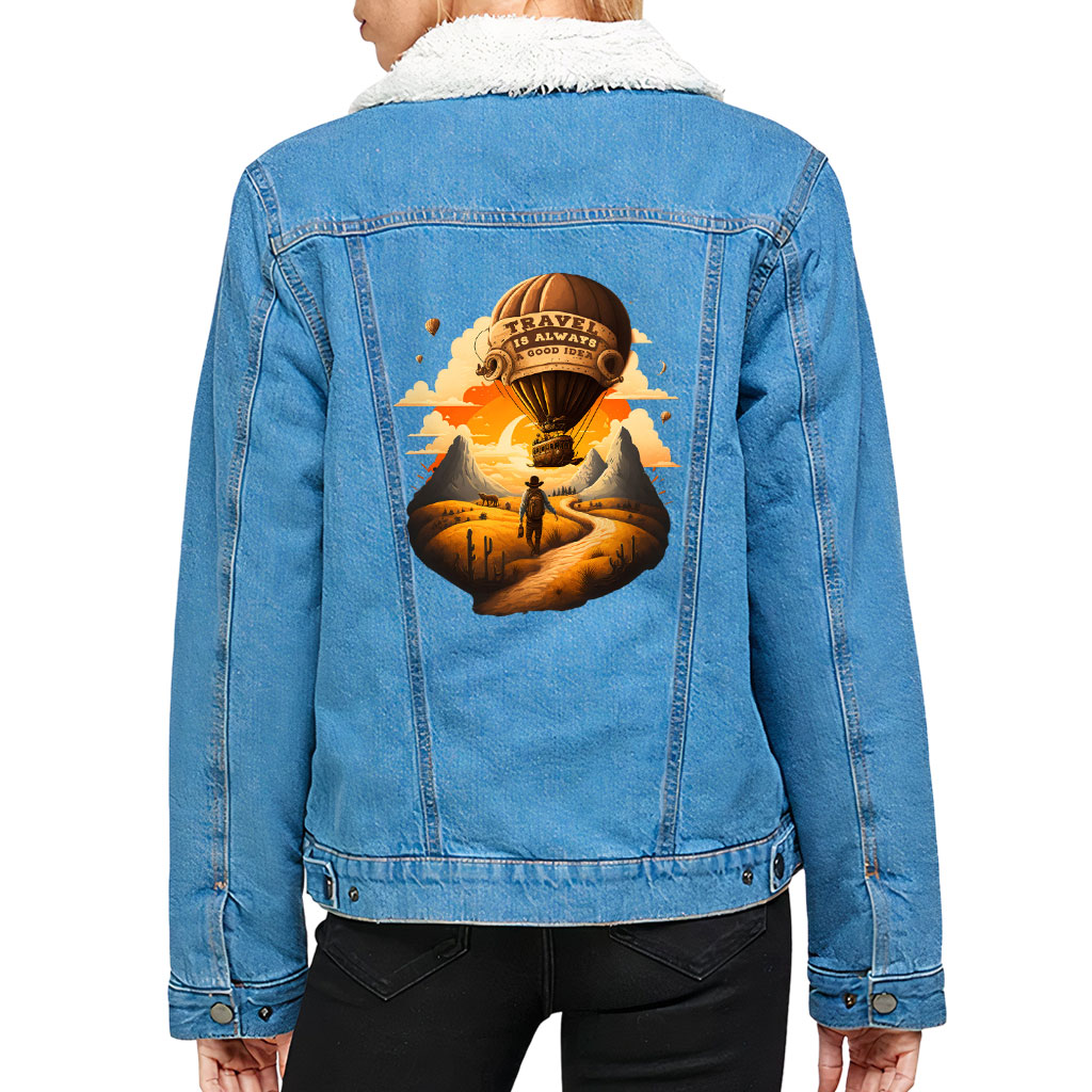Women’s Sherpa Denim Jacket – “Travel is a Good Idea” – Balloon Print – Bright Blue