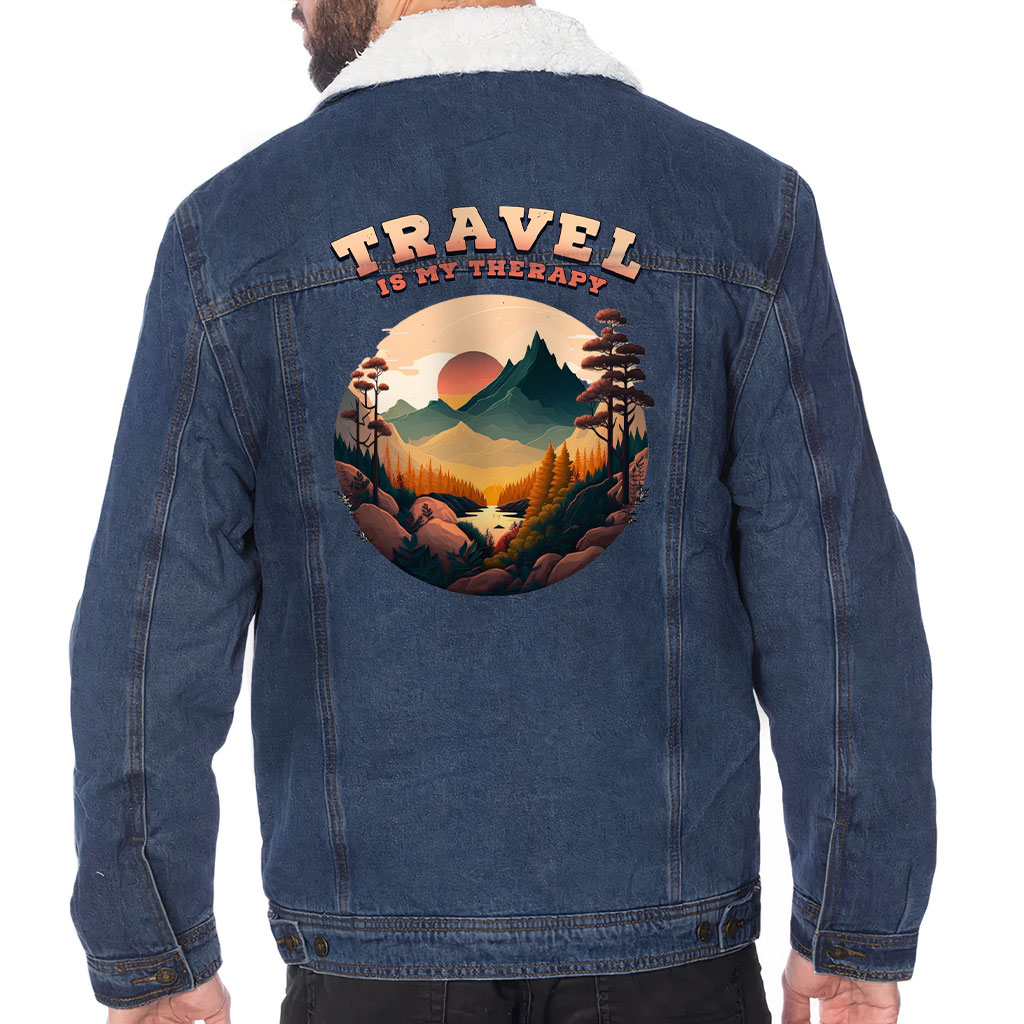 Men’s Sherpa-Lined Denim Jacket – “Travel Therapy” – Landscape Print – Dark Blue