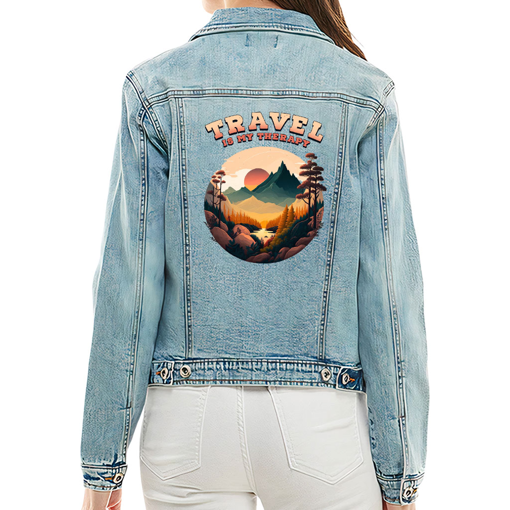 Ladies Casual Denim Jacket – “Travel Therapy” – Landscape Print – Washed Blue