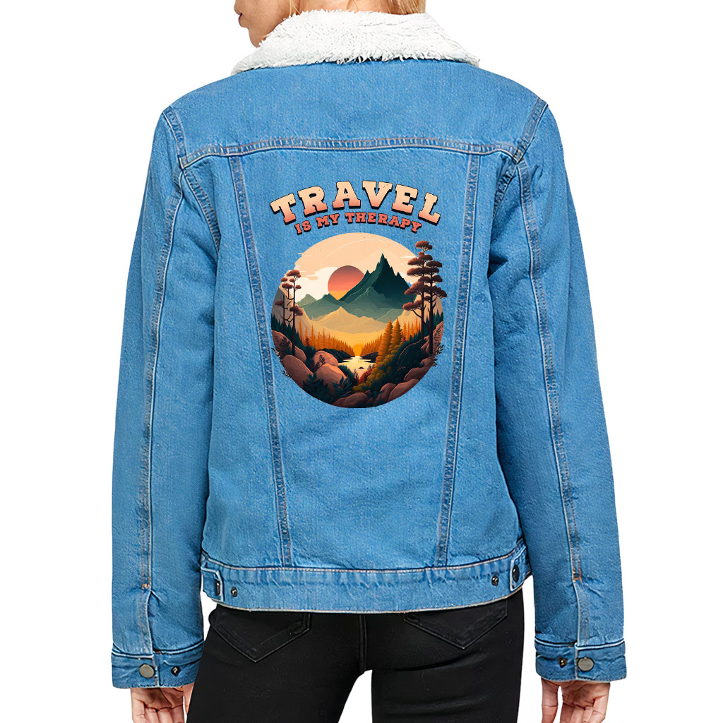 Women’s Sherpa Denim Jacket – “Travel Therapy” – Landscape Print – Bright Blue