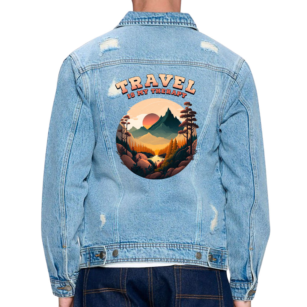 Image of Men’s Distressed Denim Jacket – “Travel Therapy” – Landscape Print – Light Blue - view 0 (product view)