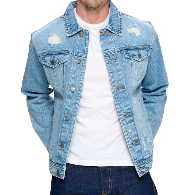 Men’s Distressed Denim Jacket – “Travel Therapy” – Landscape Print – Light Blue in detail - image 1 (product view)