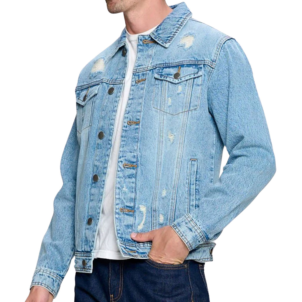 Close-up of Men’s Distressed Denim Jacket – “Travel Therapy” – Landscape Print – Light Blue - view 2 (product view)