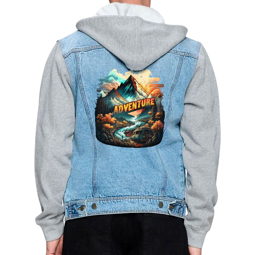 Men’s Denim Jacket with Fleece Hoodie – “Adventure” – Mountains Print – Blue & Gray