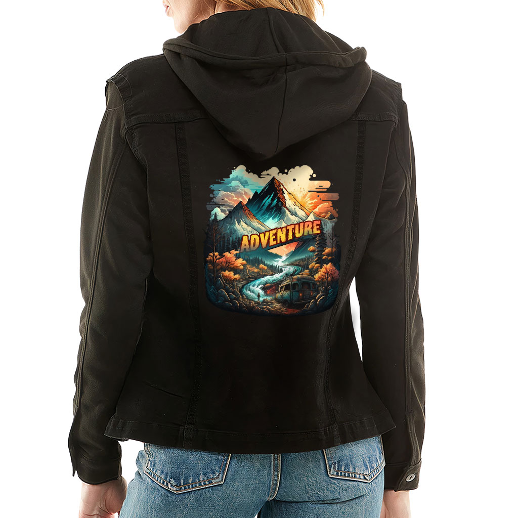 Ladies Denim Jacket with Fleece Hoodie – “Adventure” – Mountains Print – Black Denim