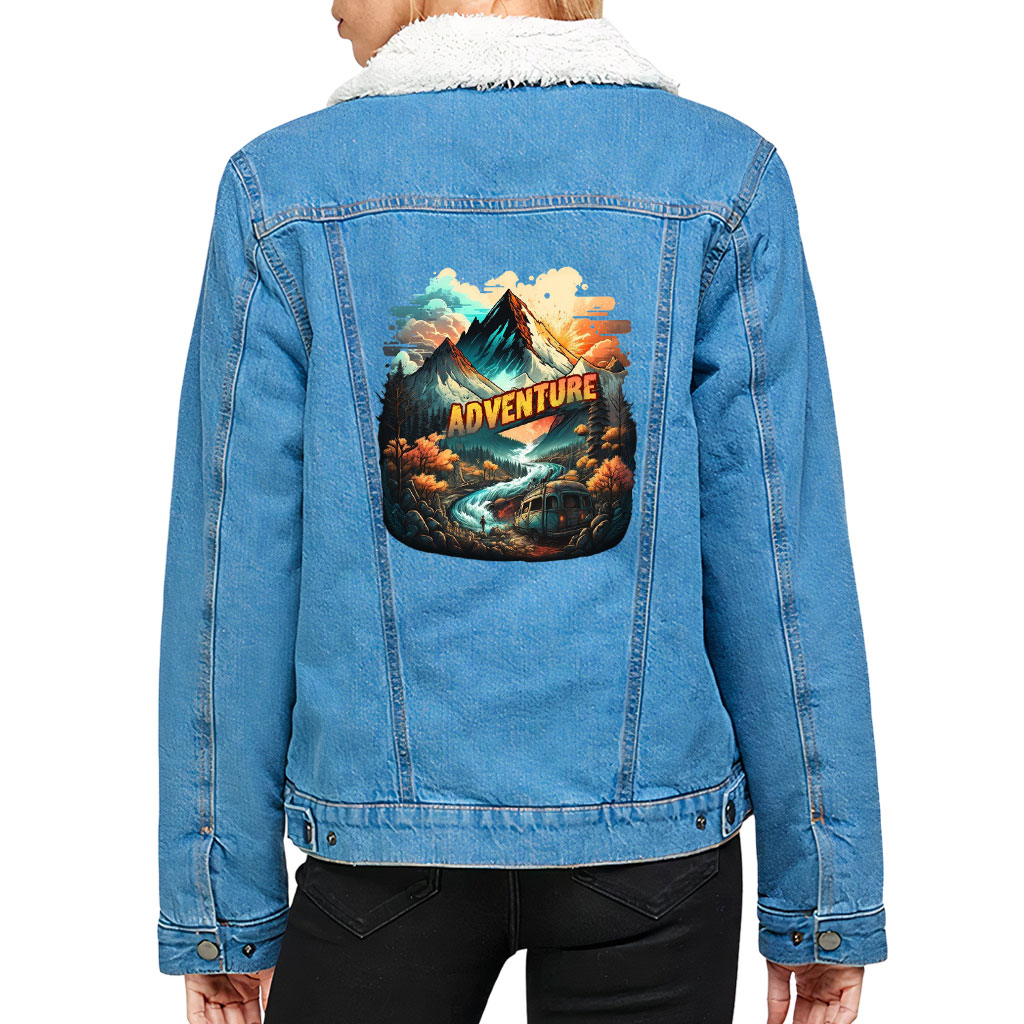 Women’s Sherpa Denim Jacket – “Adventure” – Mountains Print – Bright Blue
