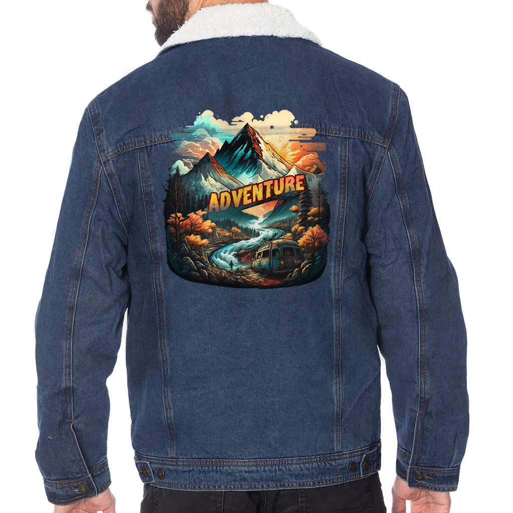 Men’s Sherpa-Lined Denim Jacket – “Adventure” – Mountains Print – Dark Blue