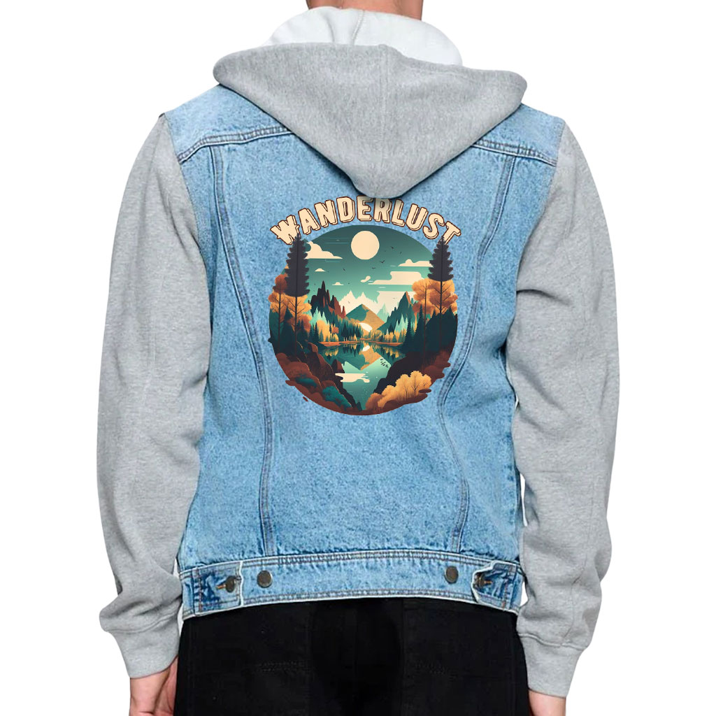 Image of Men’s Denim Jacket with Fleece Hoodie – “Wanderlust” – Forest Print – Blue & Gray - view 0 (product view)