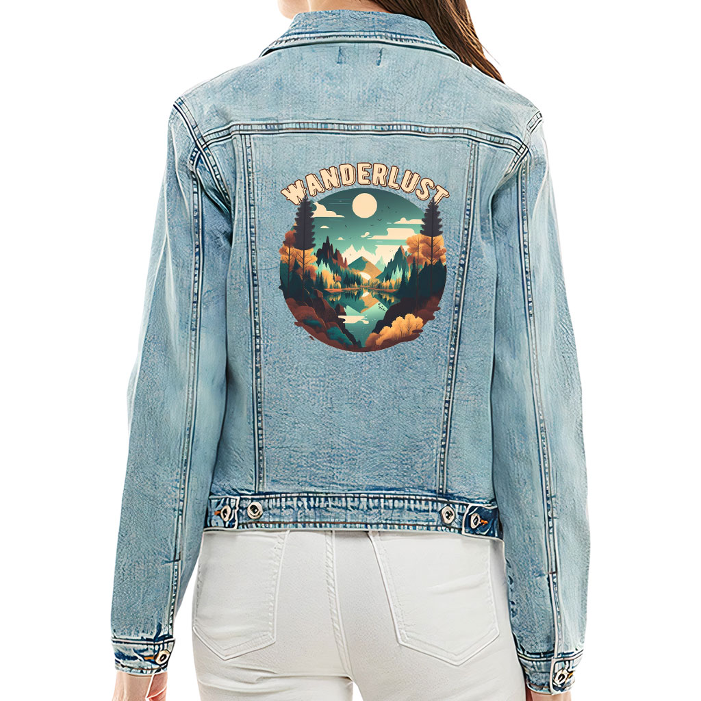 Ladies Casual Denim Jacket – “Wanderlust” – Forest Print – Washed Blue