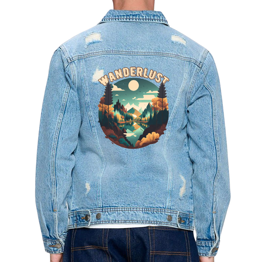 Men’s Distressed Denim Jacket – “Wanderlust” – Forest Print – Light Blue