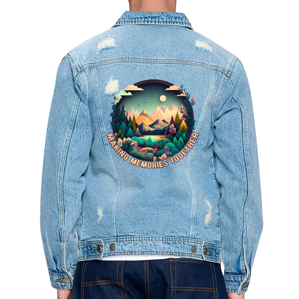 Men’s Distressed Denim Jacket – “Making Memories” – Forest Print – Light Blue