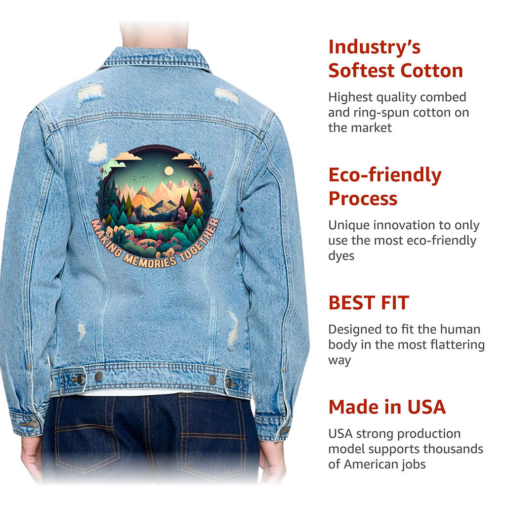Men’s Distressed Denim Jacket – “Making Memories” – Forest Print – Light Blue - View 5