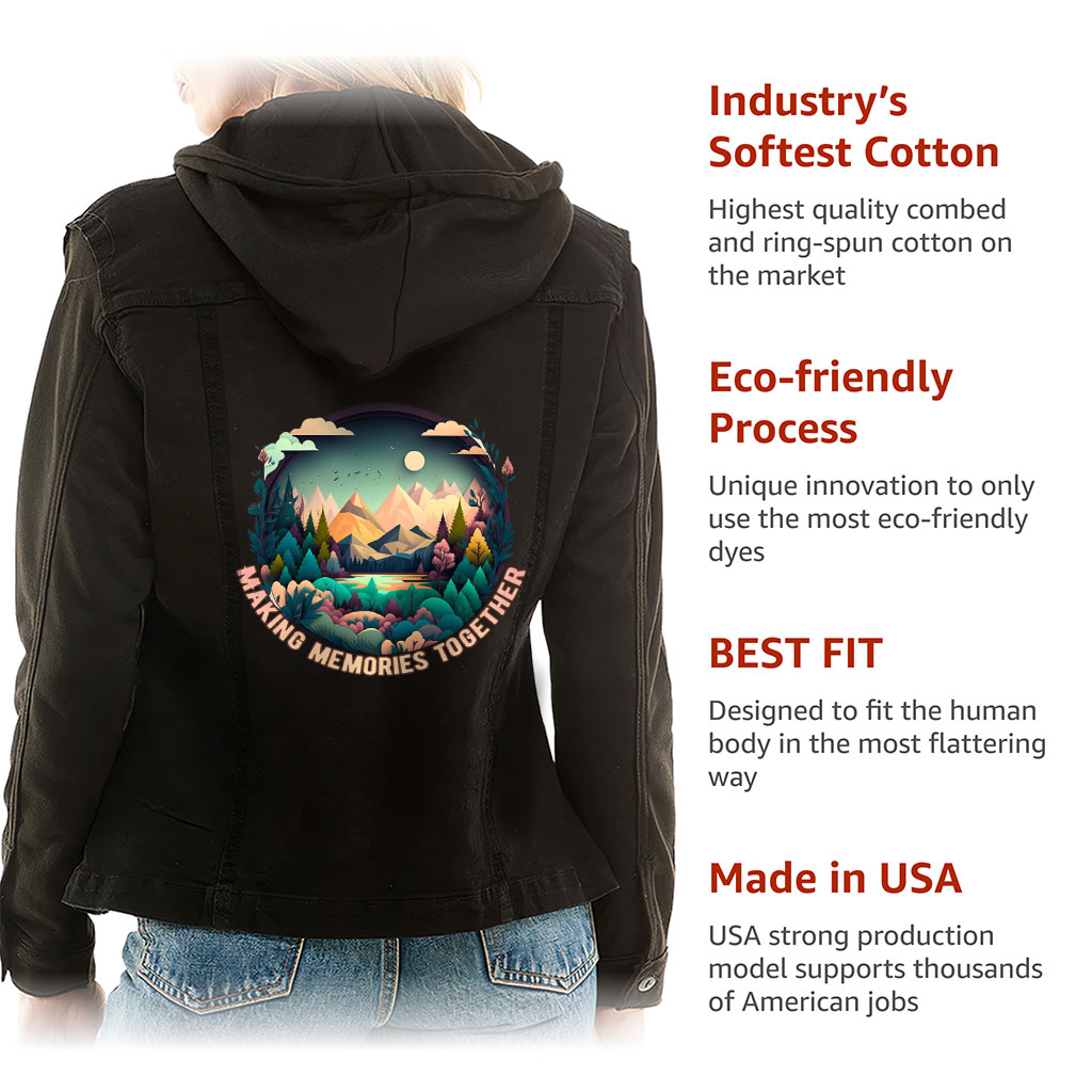 Ladies Denim Jacket with Fleece Hoodie – “Making Memories” – Forest Print – Black Denim - View 5