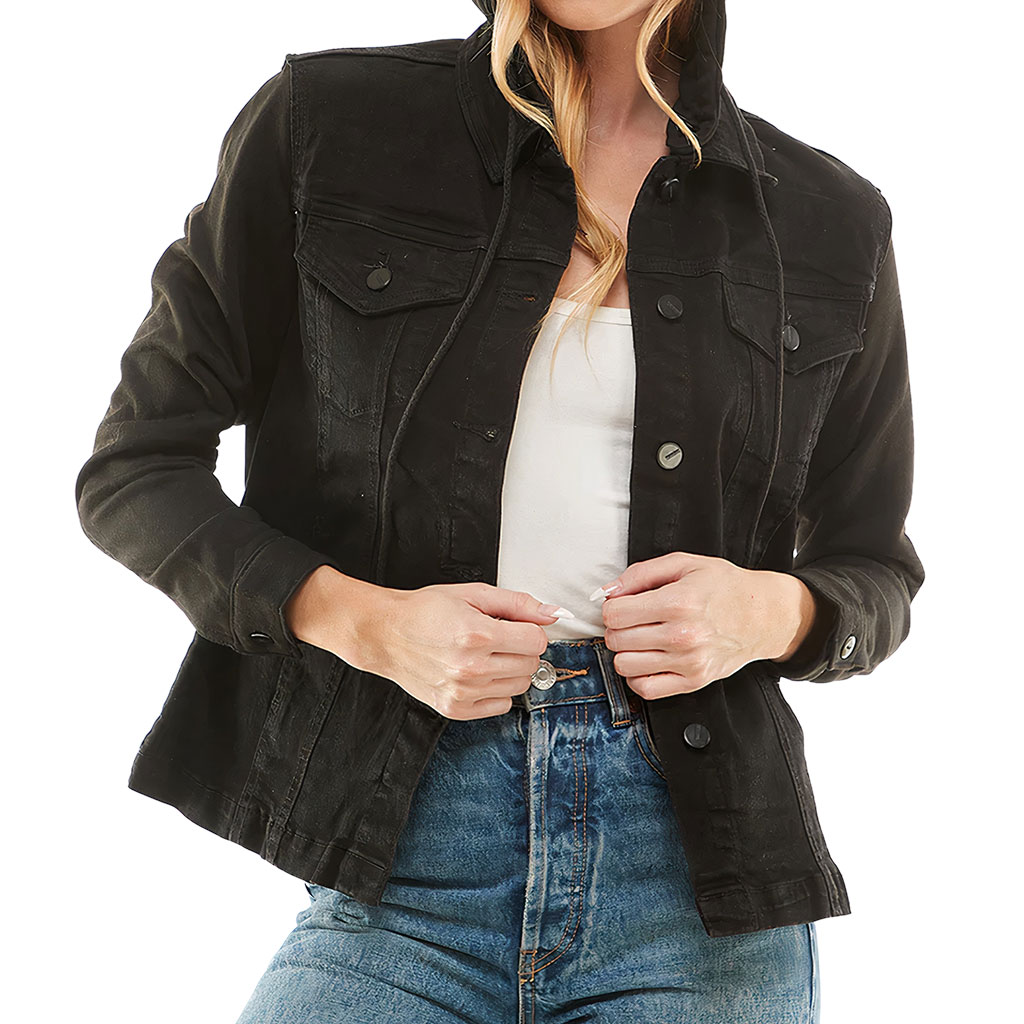 Ladies Denim Jacket with Fleece Hoodie – “Making Memories” – Forest Print – Black Denim - View 3