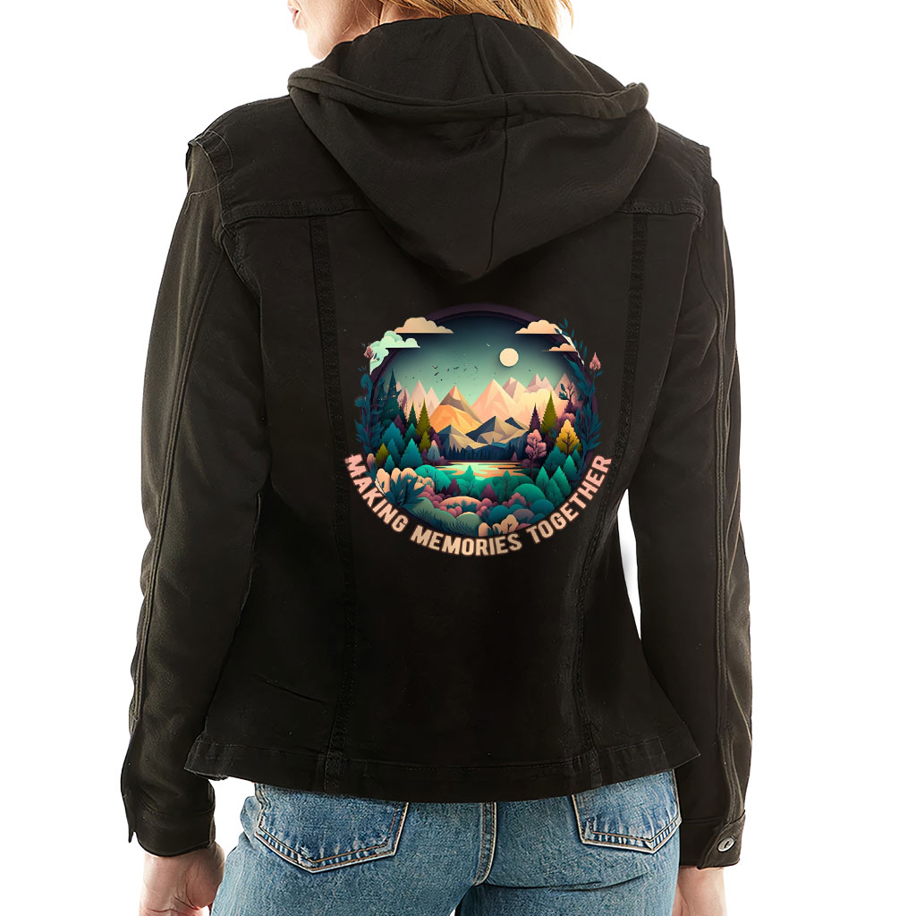 Ladies Denim Jacket with Fleece Hoodie – “Making Memories” – Forest Print – Black Denim