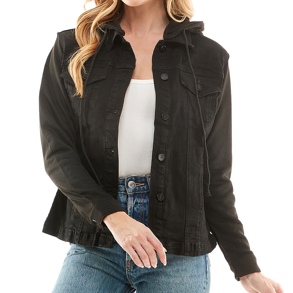 Ladies Denim Jacket with Fleece Hoodie – “Making Memories” – Forest Print – Black Denim - View 2
