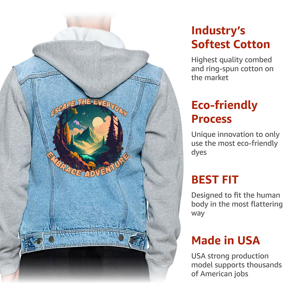 Men’s Denim Jacket with Fleece Hoodie – “Escape Everyday” – Scenery Print – Blue & Gray - View 5