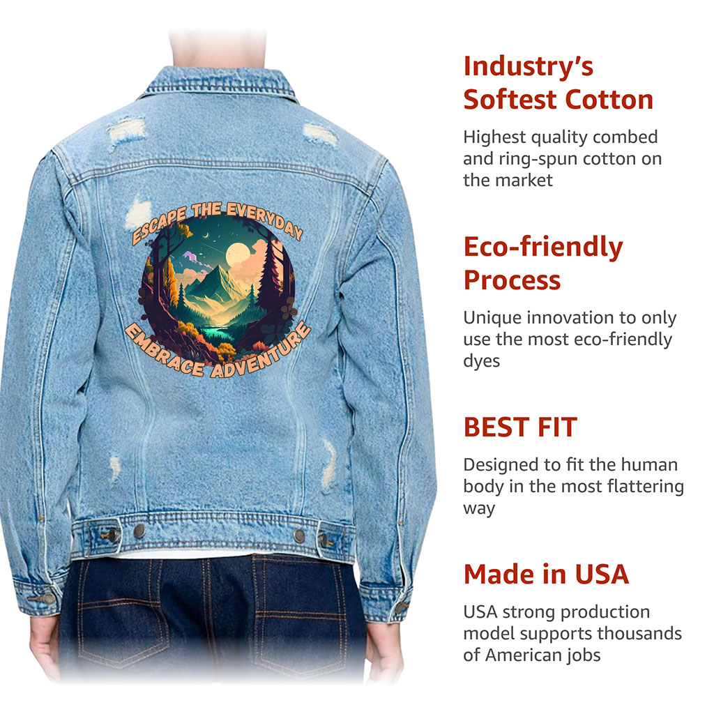 Men’s Distressed Denim Jacket – “Escape Everyday” – Scenery Print – Light Blue - View 5