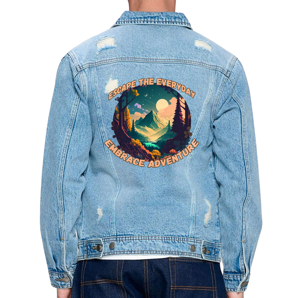 Men’s Distressed Denim Jacket – “Escape Everyday” – Scenery Print – Light Blue