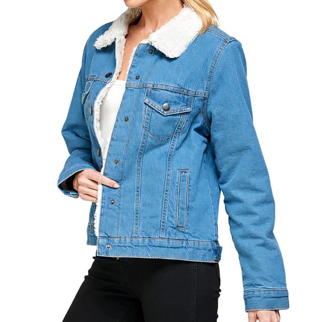 Close-up of Women’s Sherpa Denim Jacket – “Adventure Is Worthwhile” – Road Print – Bright Blue - view 2 (product view)