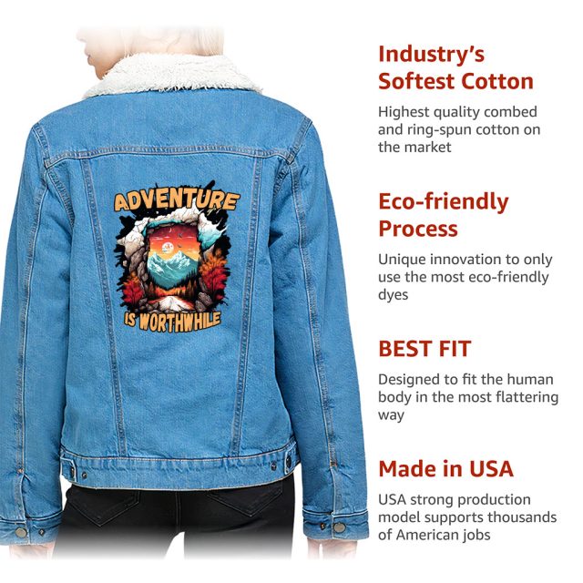 Detailed look at Women’s Sherpa Denim Jacket – “Adventure Is Worthwhile” – Road Print – Bright Blue - image 4 (product view)