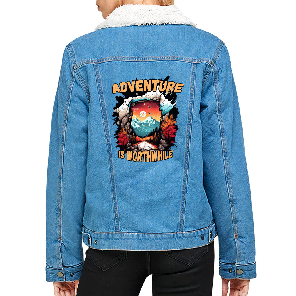 Image of Women’s Sherpa Denim Jacket – “Adventure Is Worthwhile” – Road Print – Bright Blue - view 0 (product view)