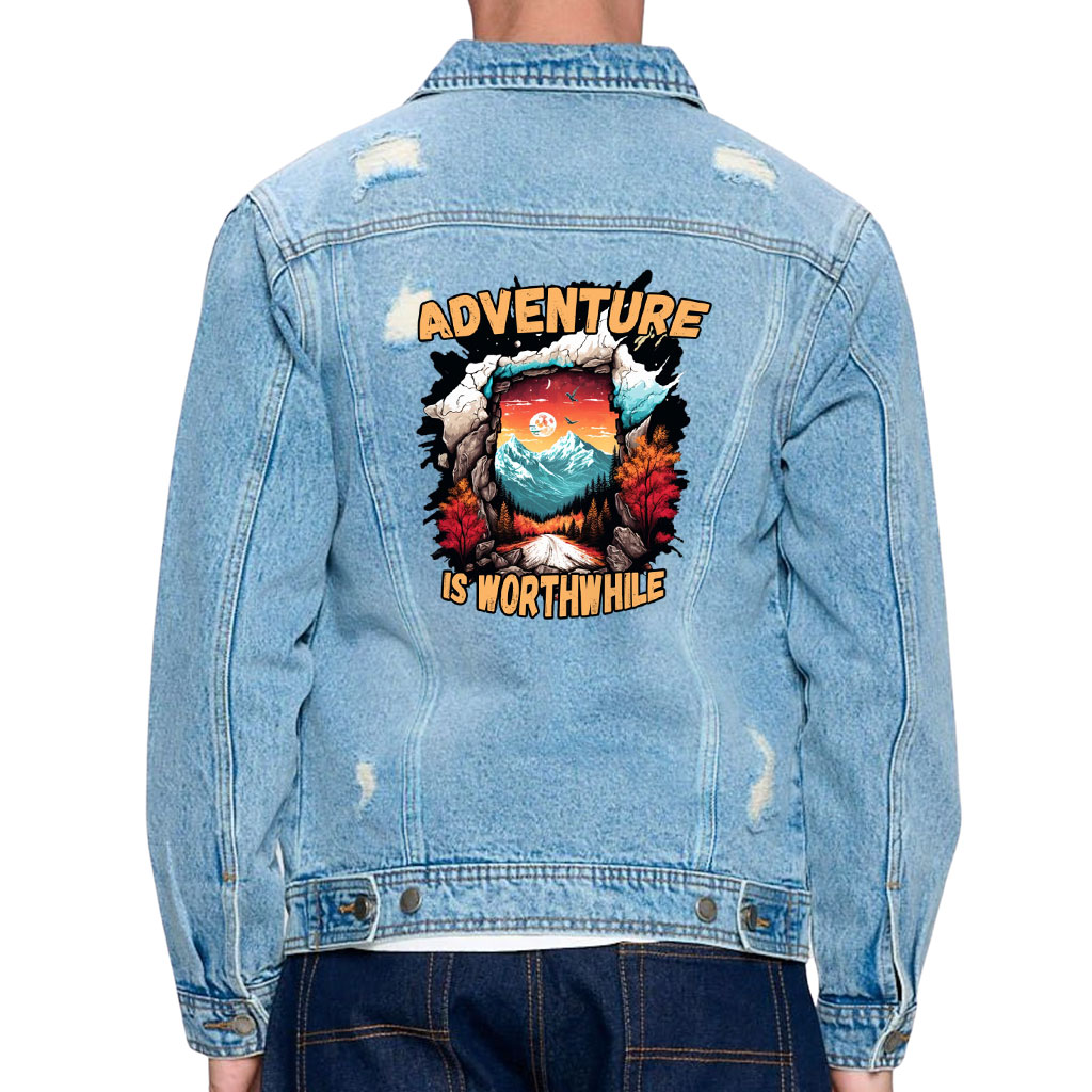 Image of Men’s Distressed Denim Jacket – “Adventure Is Worthwhile” – Road Print – Light Blue - view 0 (product view)