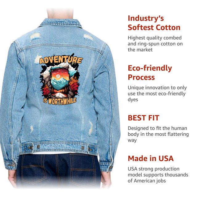 Detailed look at Men’s Distressed Denim Jacket – “Adventure Is Worthwhile” – Road Print – Light Blue - image 4 (product view)