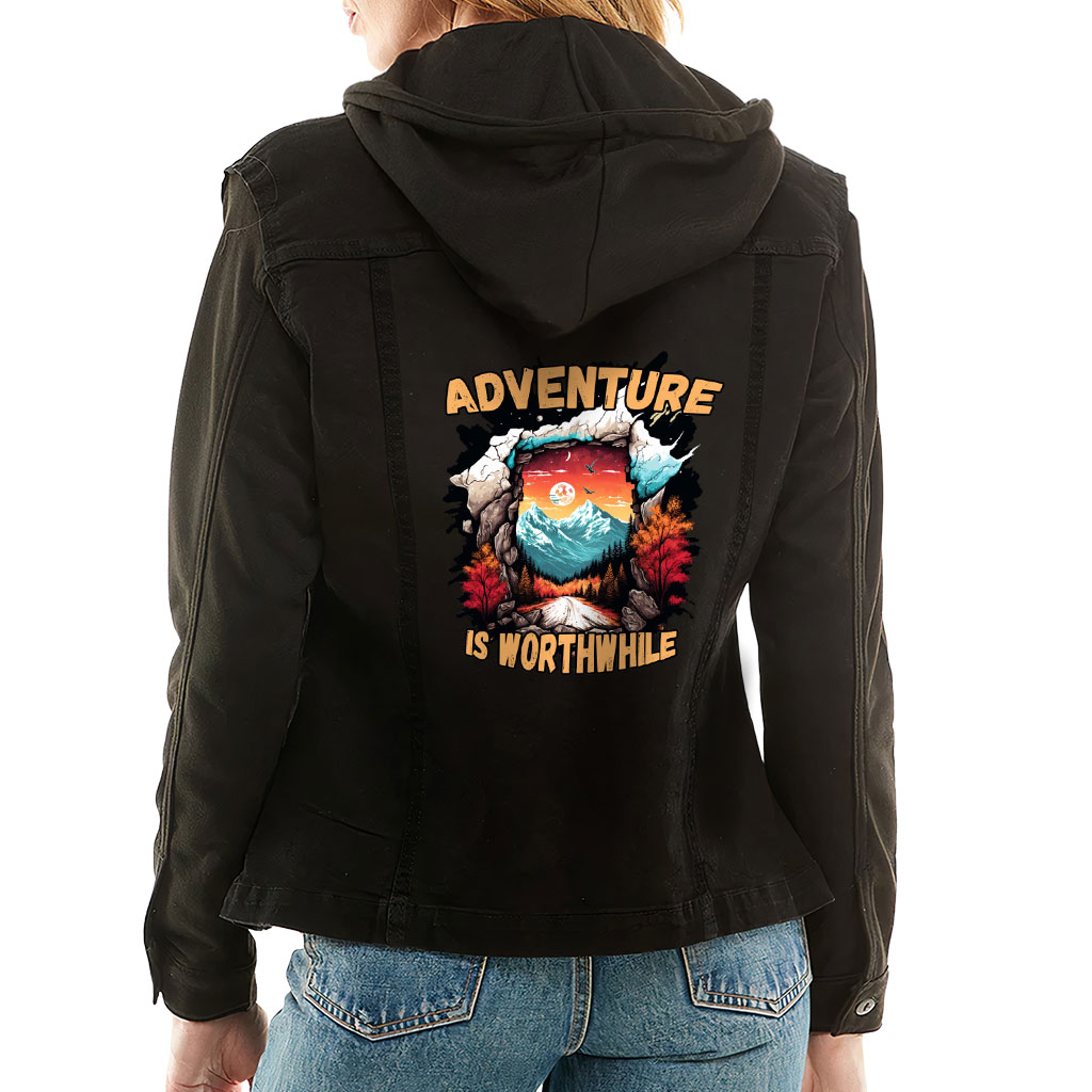 Ladies Denim Jacket with Fleece Hoodie – “Adventure Is Worthwhile” – Road Print – Black Denim