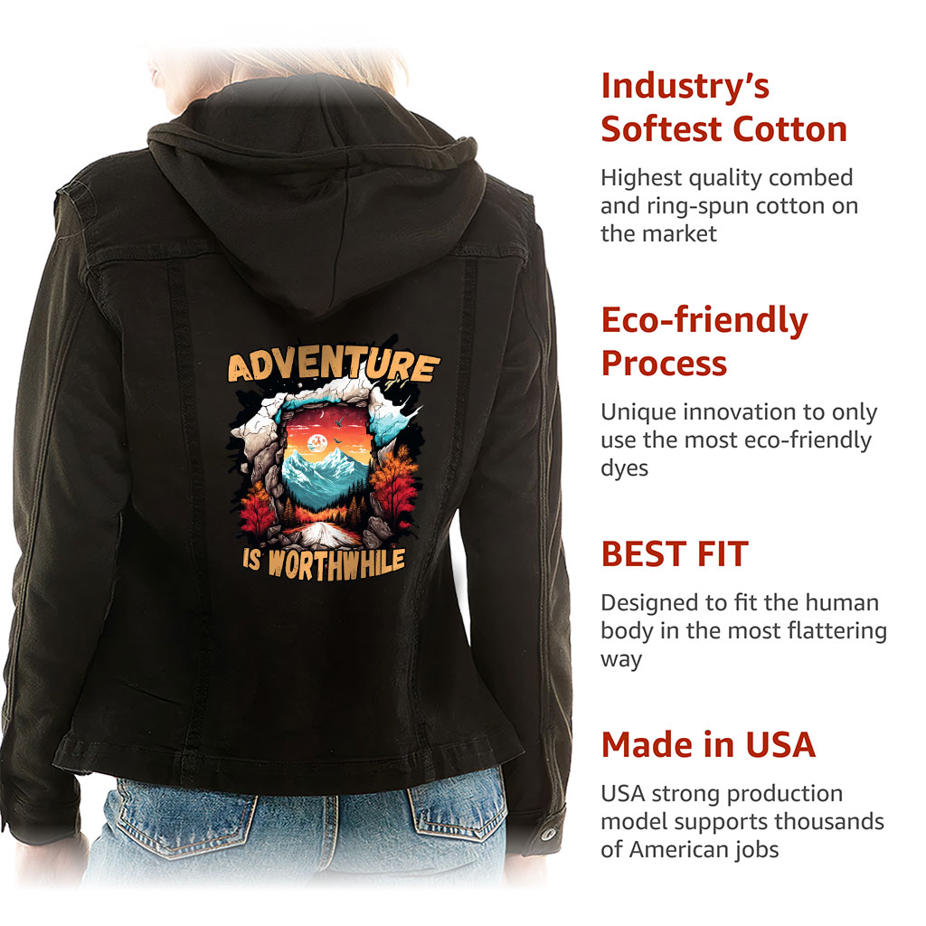 Ladies Denim Jacket with Fleece Hoodie – “Adventure Is Worthwhile” – Road Print – Black Denim - View 5