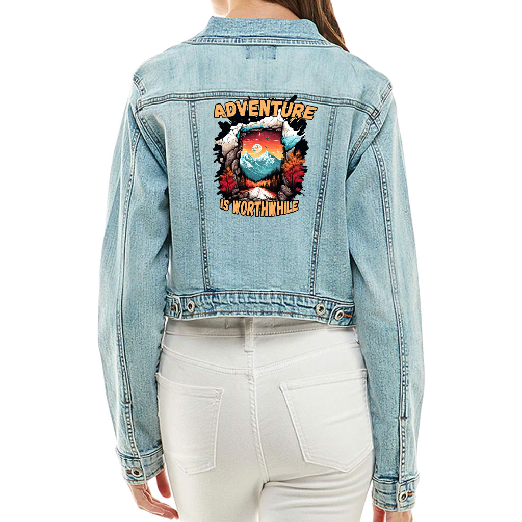 Cropped Ladies Denim Jacket – “Adventure Is Worthwhile” – Road Print – Washed Blue