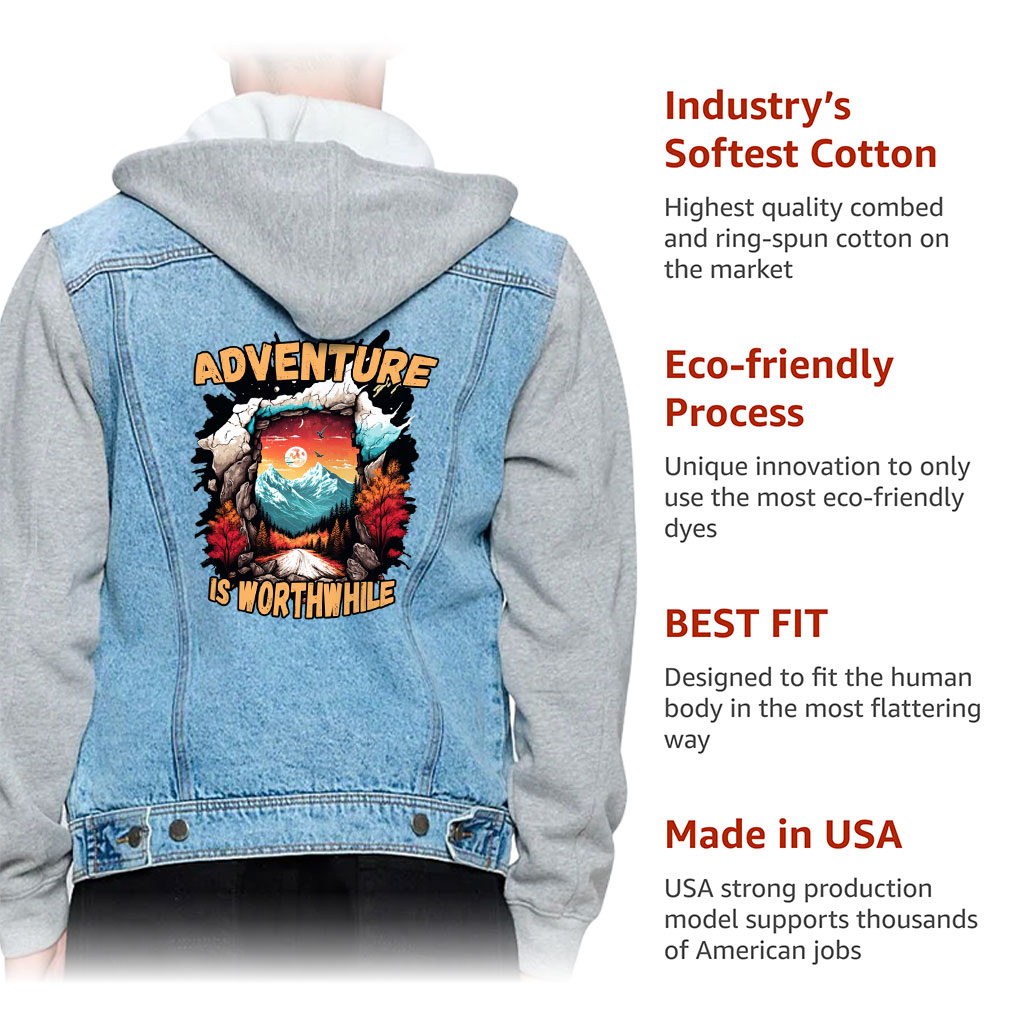 Men’s Denim Jacket with Fleece Hoodie – “Adventure Is Worthwhile” – Road Print – Blue & Gray - View 5