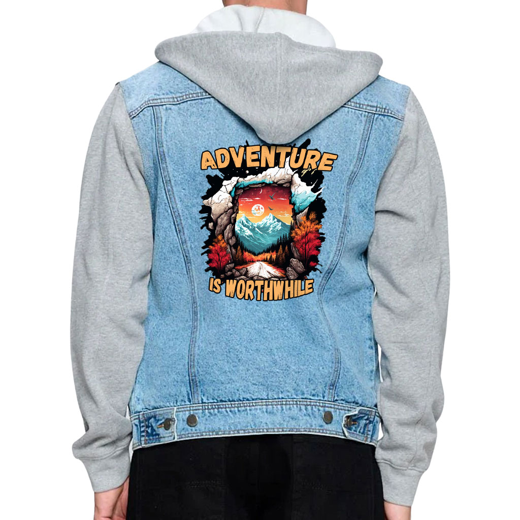 Men’s Denim Jacket with Fleece Hoodie – “Adventure Is Worthwhile” – Road Print – Blue & Gray