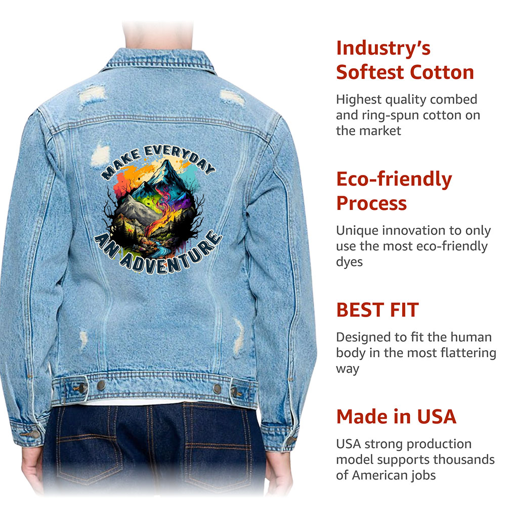 Men’s Distressed Denim Jacket – “Everyday Adventure” – Mountain Print – Light Blue - View 5