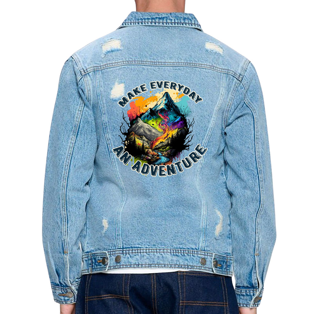 Men’s Distressed Denim Jacket – “Everyday Adventure” – Mountain Print – Light Blue