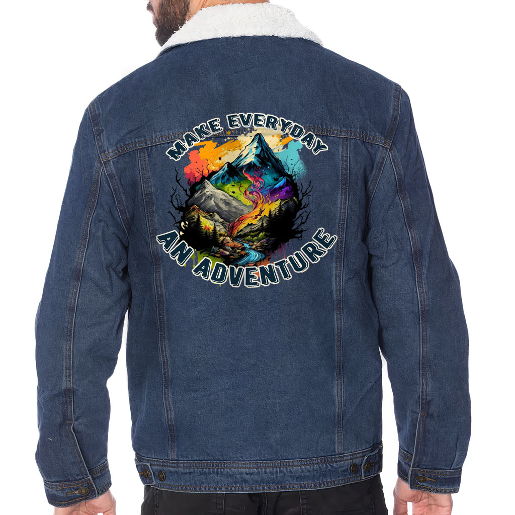 Men’s Sherpa-Lined Denim Jacket – “Everyday Adventure” – Mountain Print – Dark Blue