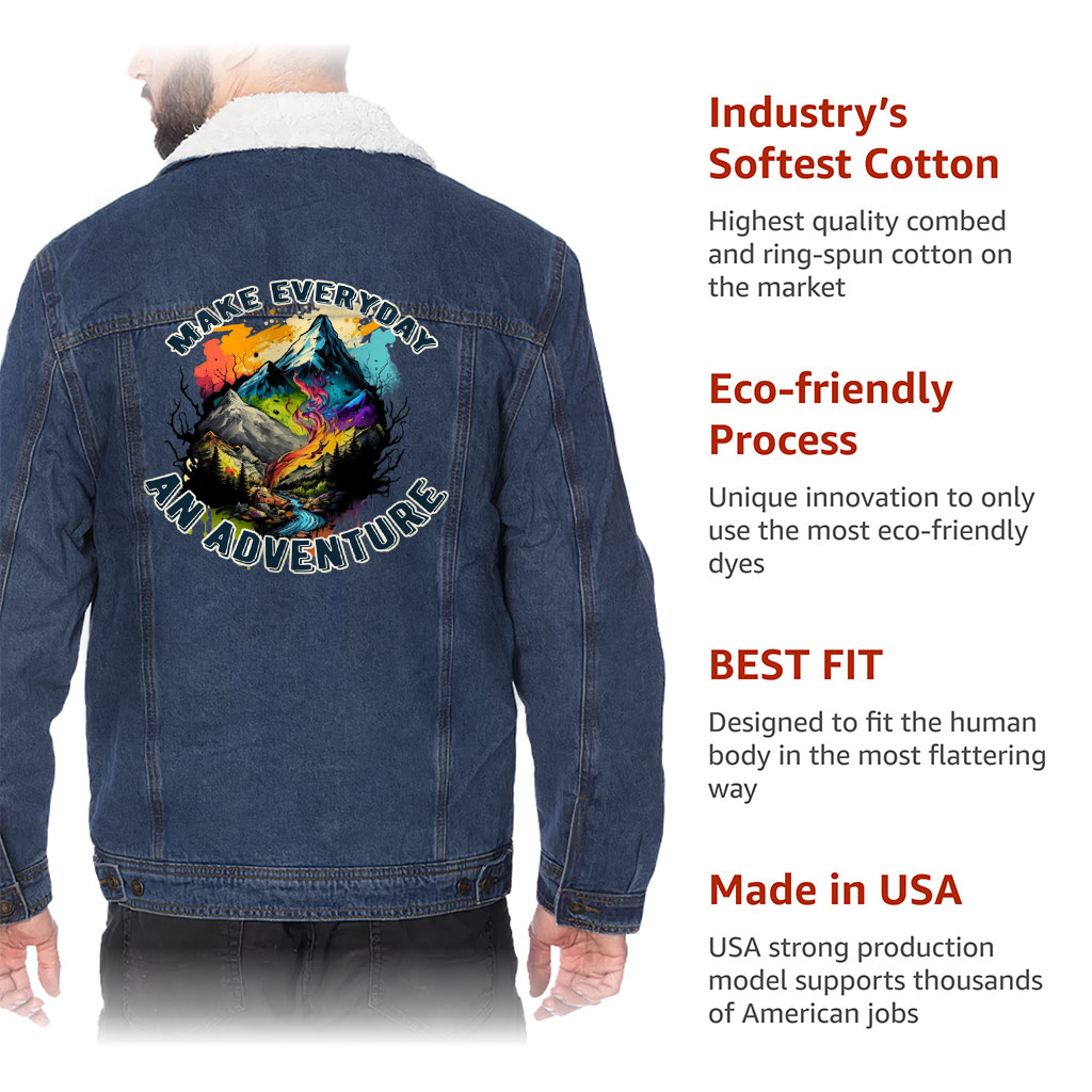 Men’s Sherpa-Lined Denim Jacket – “Everyday Adventure” – Mountain Print – Dark Blue - View 6
