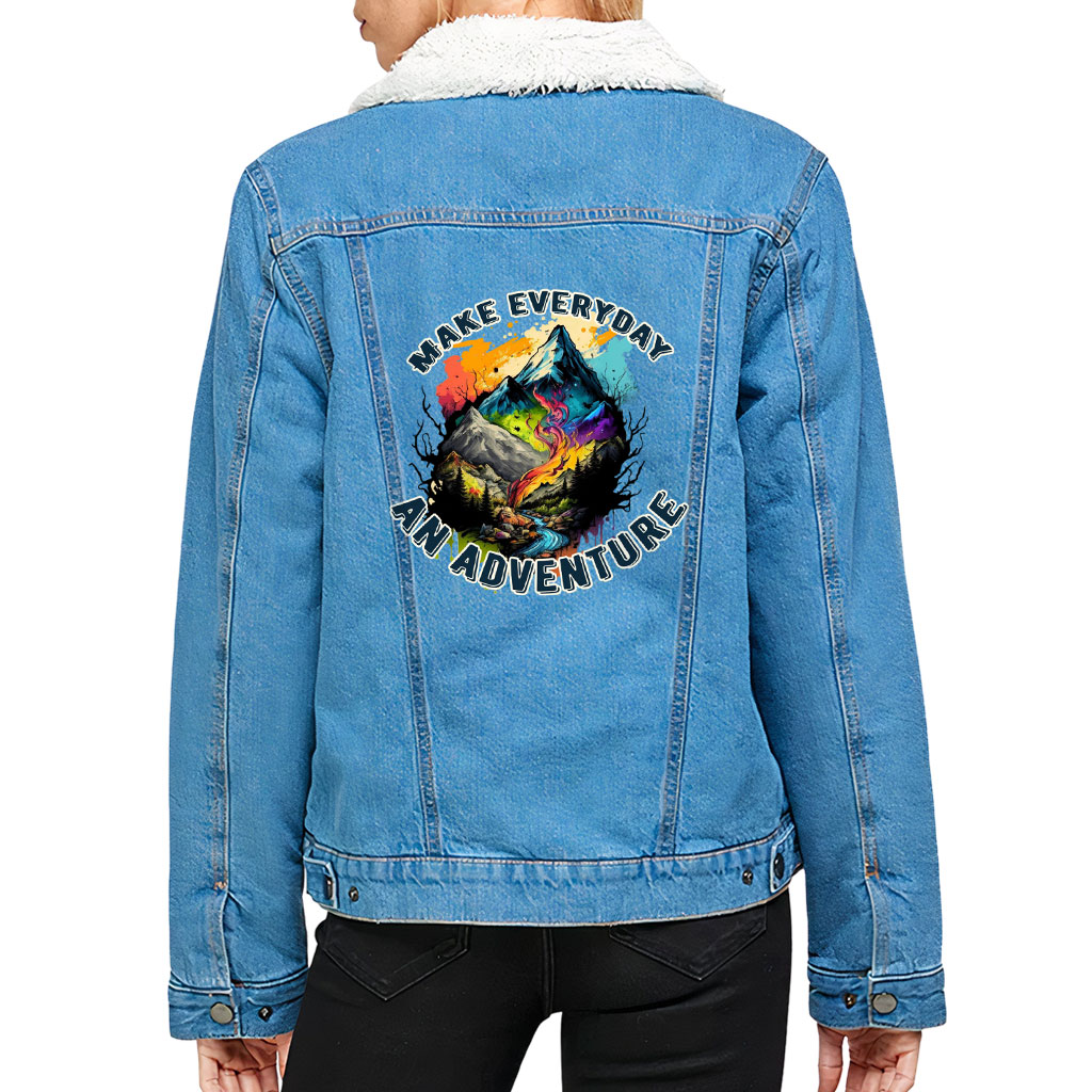 Women’s Sherpa Denim Jacket – “Everyday Adventure” – Mountain Print – Bright Blue