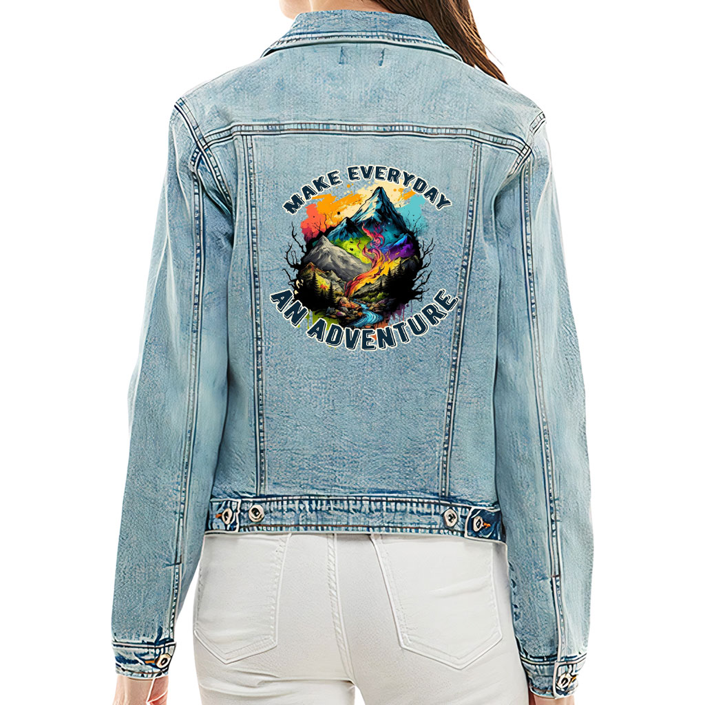 Ladies Casual Denim Jacket – “Everyday Adventure” – Mountain Print – Washed Blue