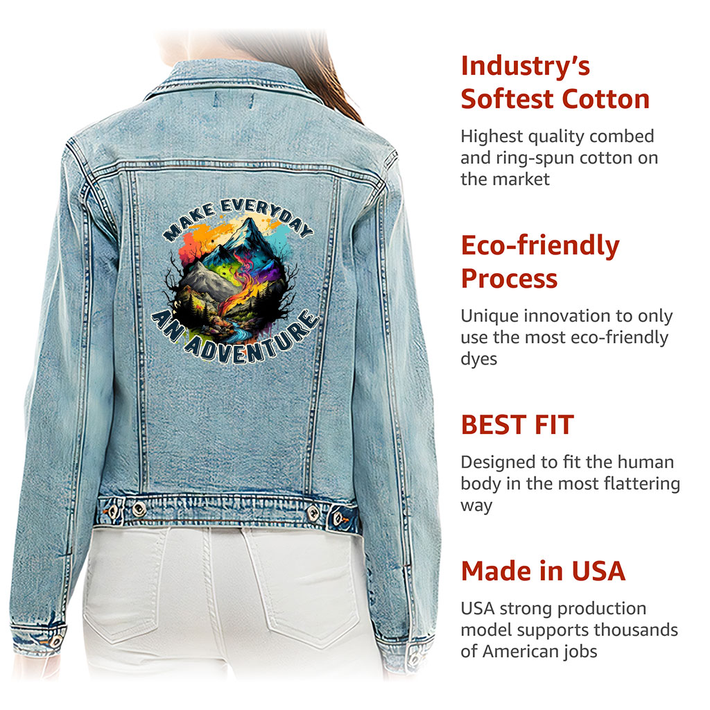 Ladies Casual Denim Jacket – “Everyday Adventure” – Mountain Print – Washed Blue - View 5