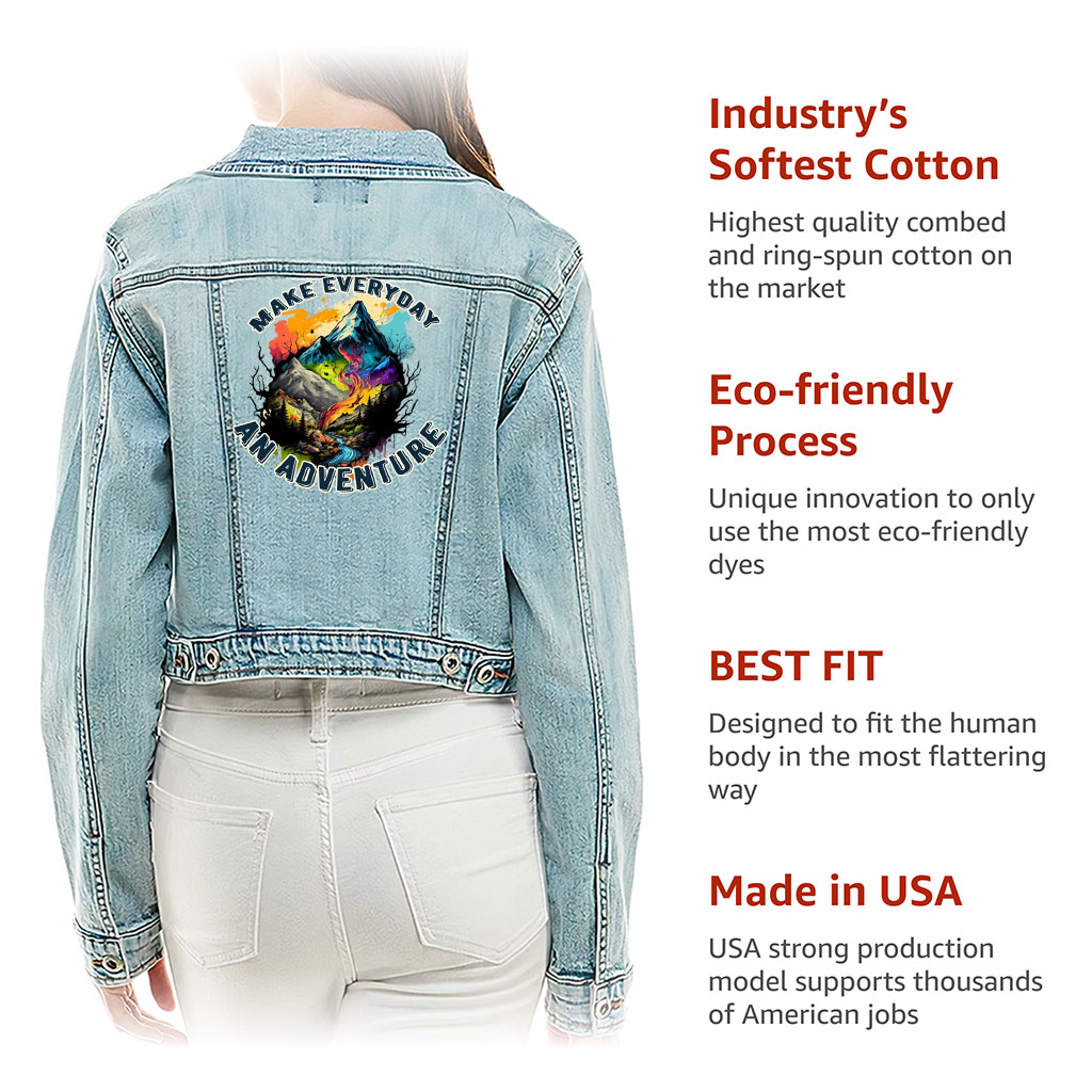 Cropped Ladies Denim Jacket – “Everyday Adventure” – Mountain Print – Washed Blue - View 5