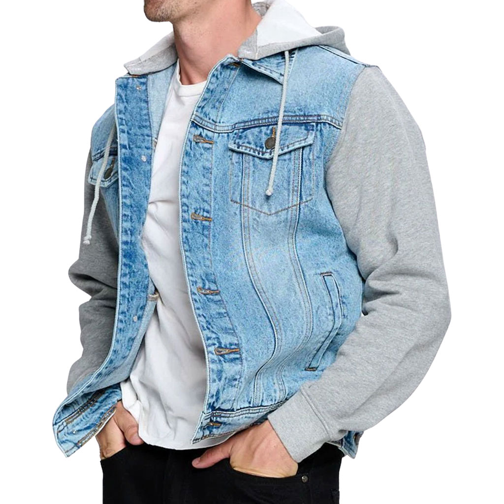 Men’s Denim Jacket with Fleece Hoodie – “Everyday Adventure” – Mountain Print – Blue & Gray - View 3